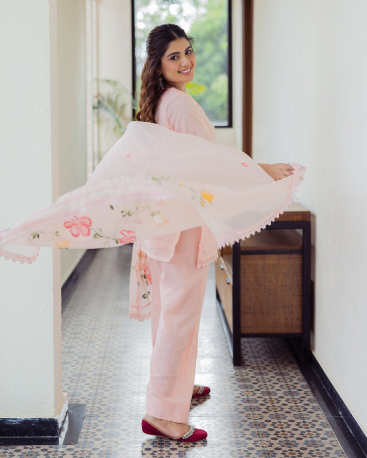 Milky Peach Handpainted Chanderi Suit Set