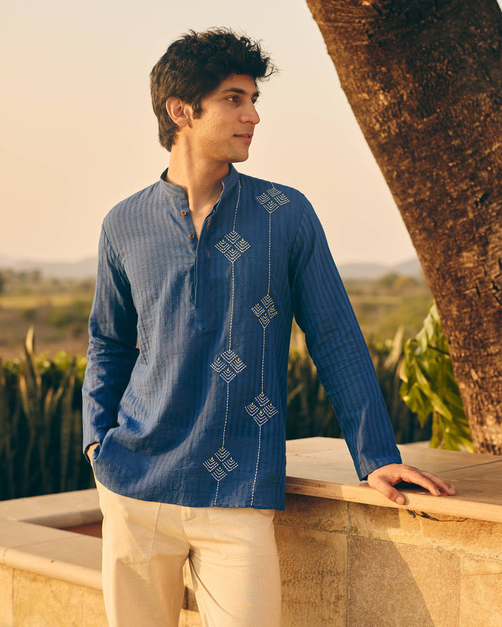 Vero Blue Cotton Dobby Embroidered Shirt