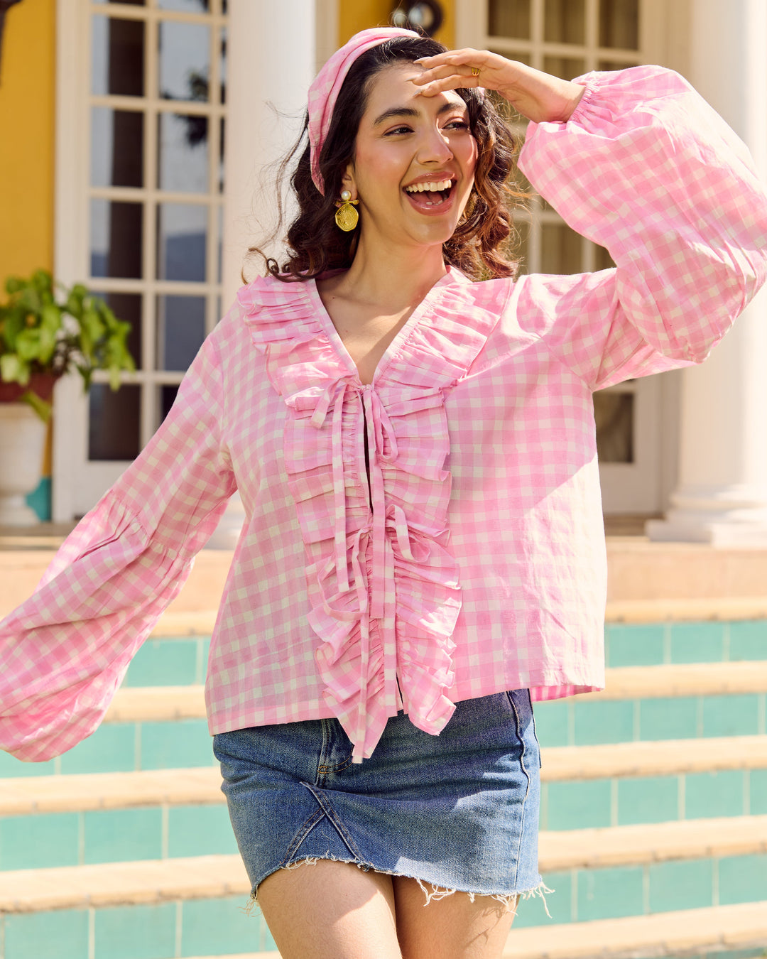 Nora Pink Cotton Checks Printed Top
