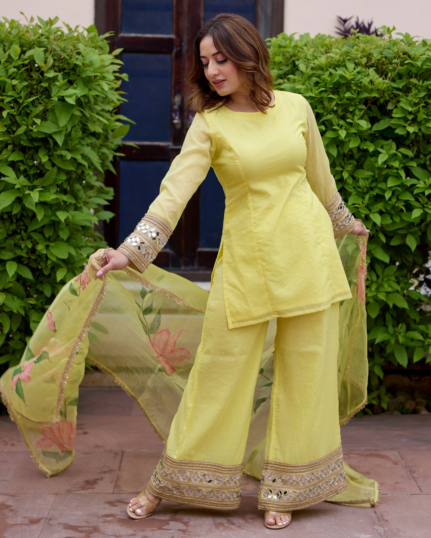Jaswanti Yellow Handpainted Chanderi Suit Set 