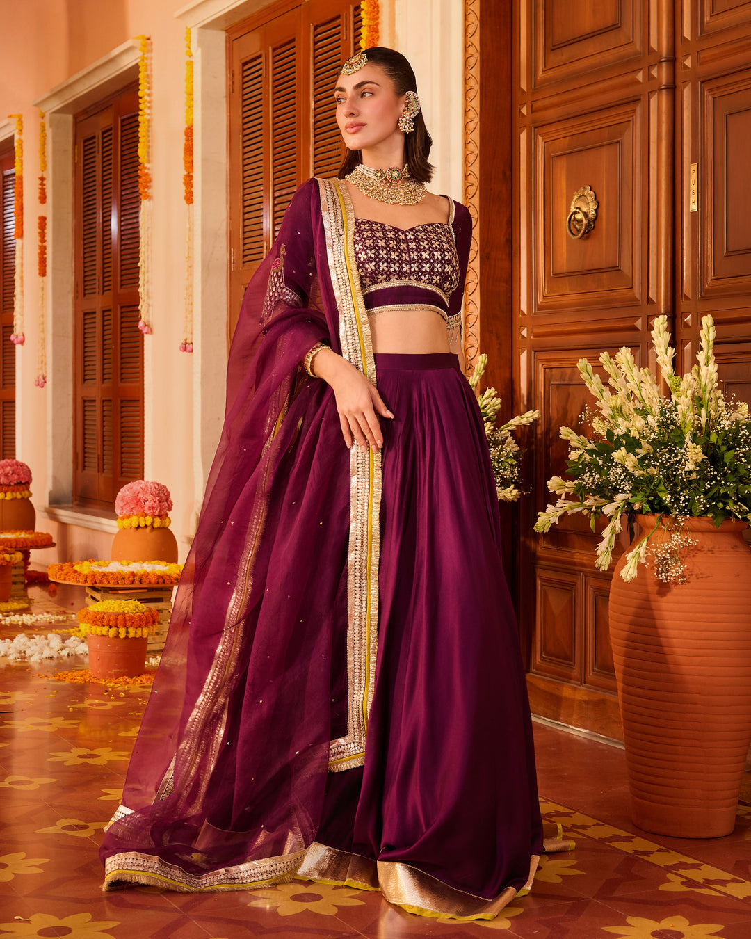 Taarika Purple Embroidered Chanderi Lehenga Set