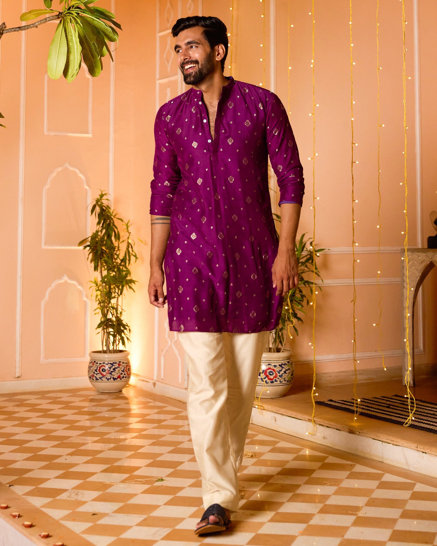 Prakashit Purple Jacquard Kurta