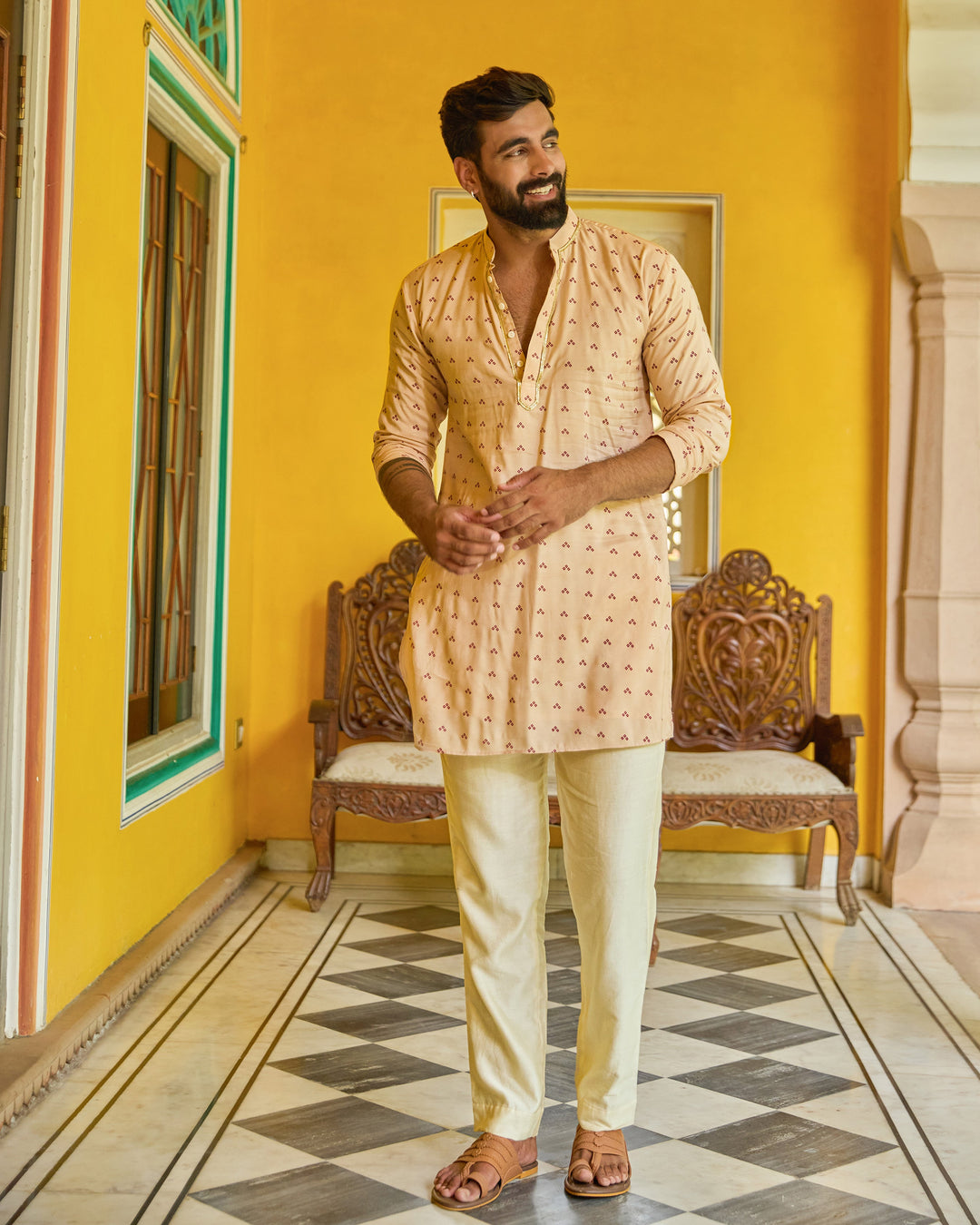 Hari Beige Bandhani Chanderi Kurta