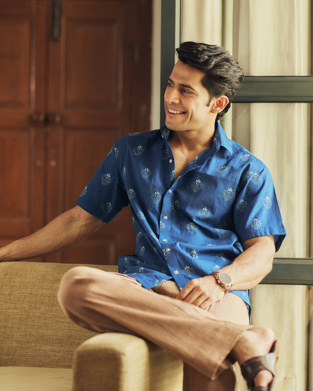 Gulrez Navy Blue Printed Cotton Shirt