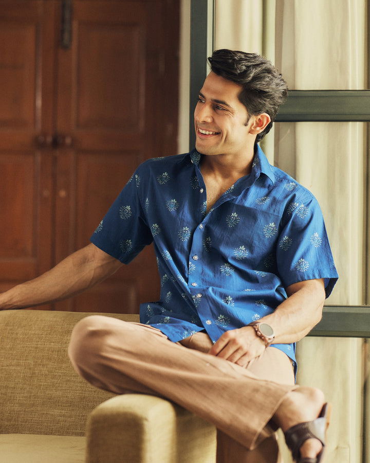 Gulrez Navy Blue Printed Cotton Shirt