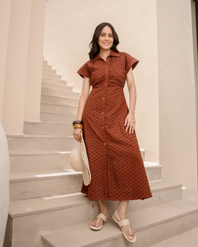 Earthy Brown Cotton Schiffli Dress