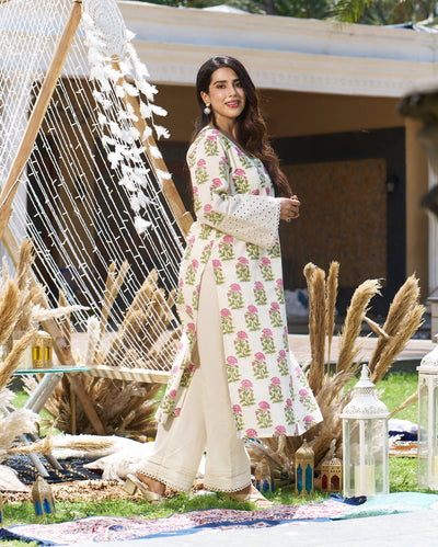 Ravishing Cream Printed Cotton Kurta Set