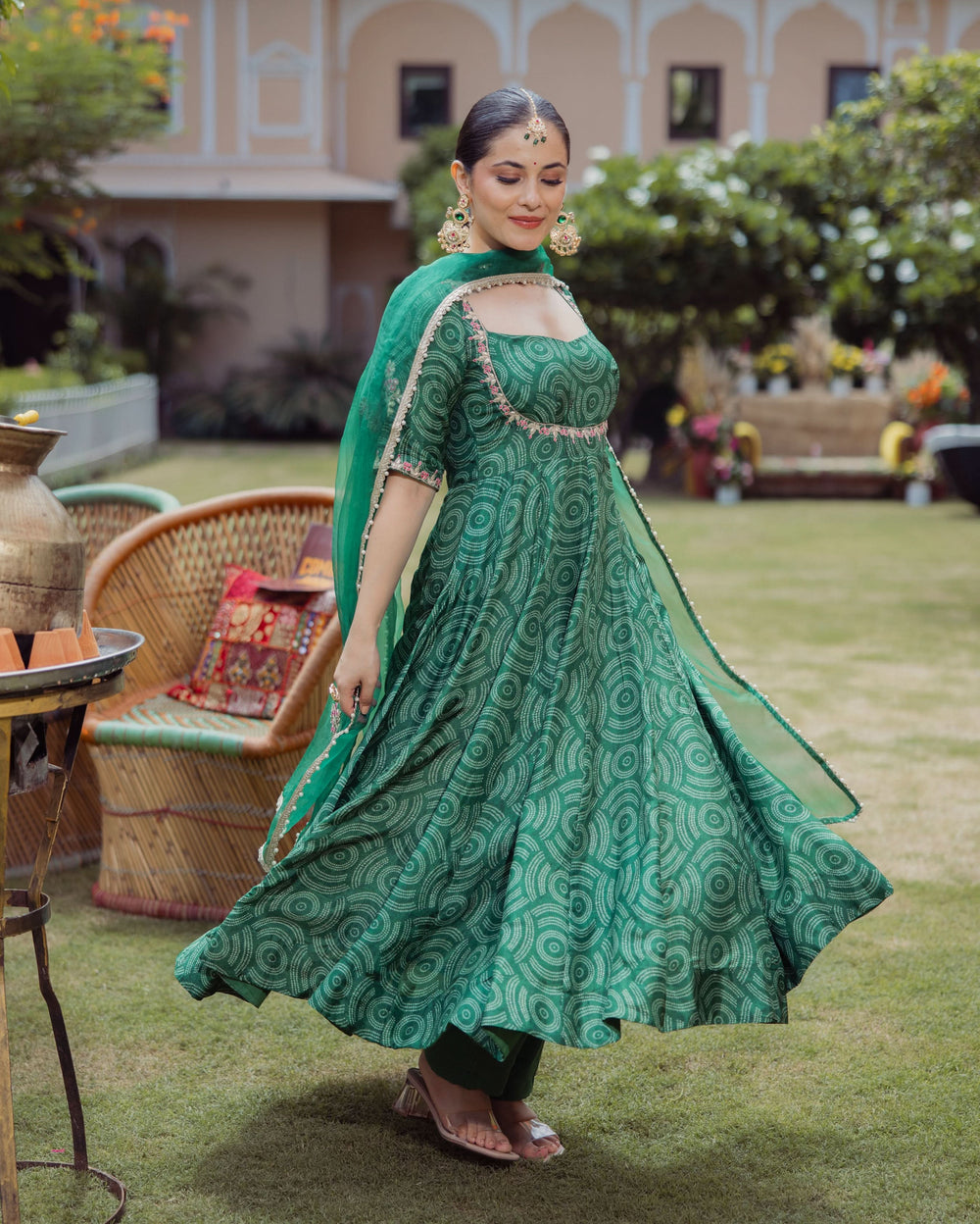 Veer Dark Green Bandhani Chanderi Suit Set