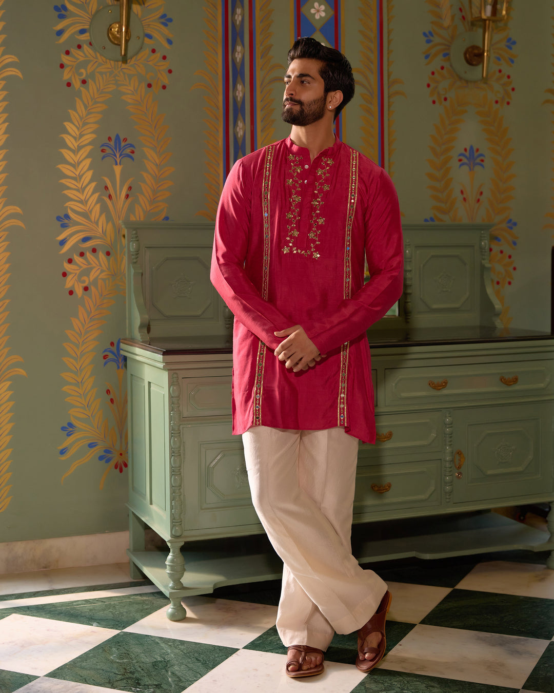 Devdas Pink Silk Embroidered Kurta