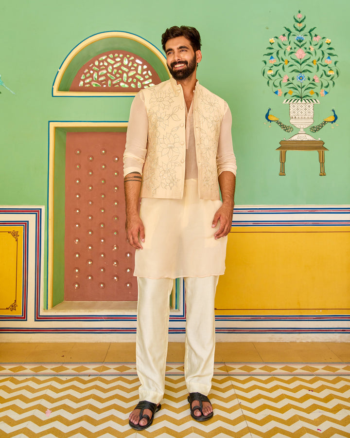 Parag Beige Embroidered Silk Jacket And Kurta Set