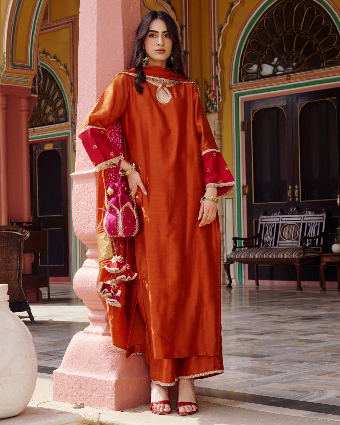 Priya Orange Embroidered Chanderi Suit Set