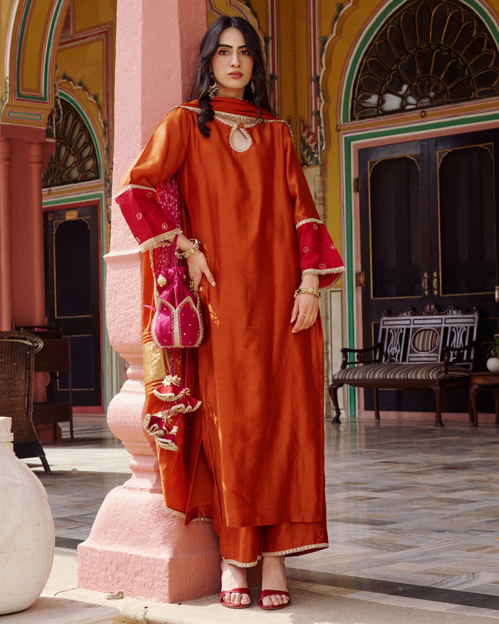 Priya Orange Embroidered Chanderi Suit Set