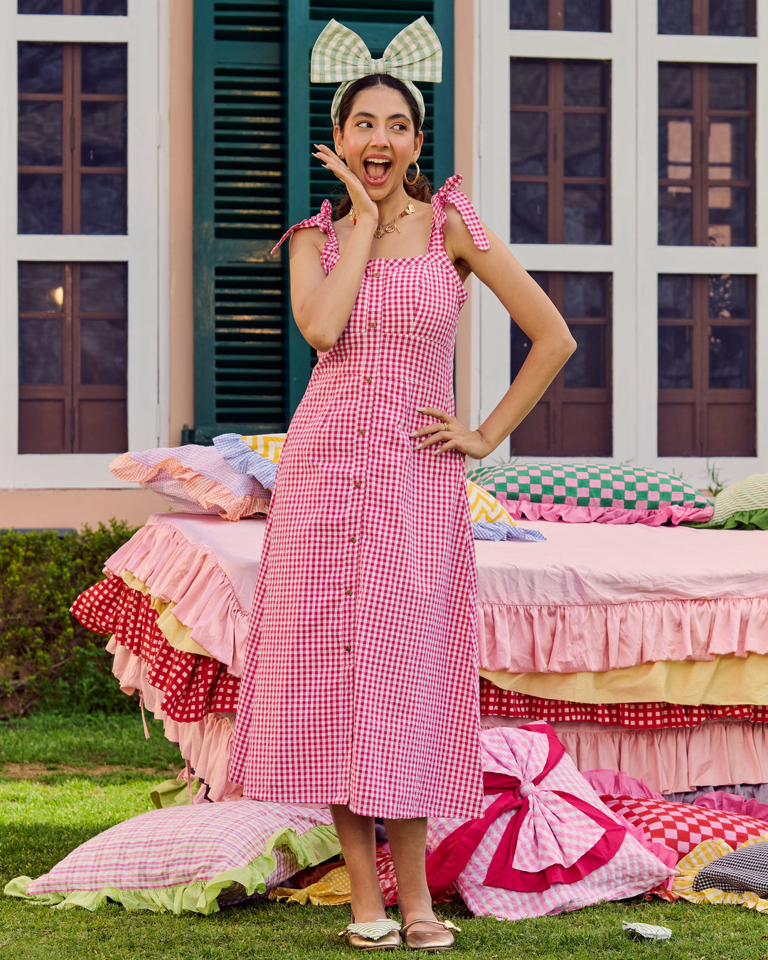 Piar Pink Cotton Checks Dress