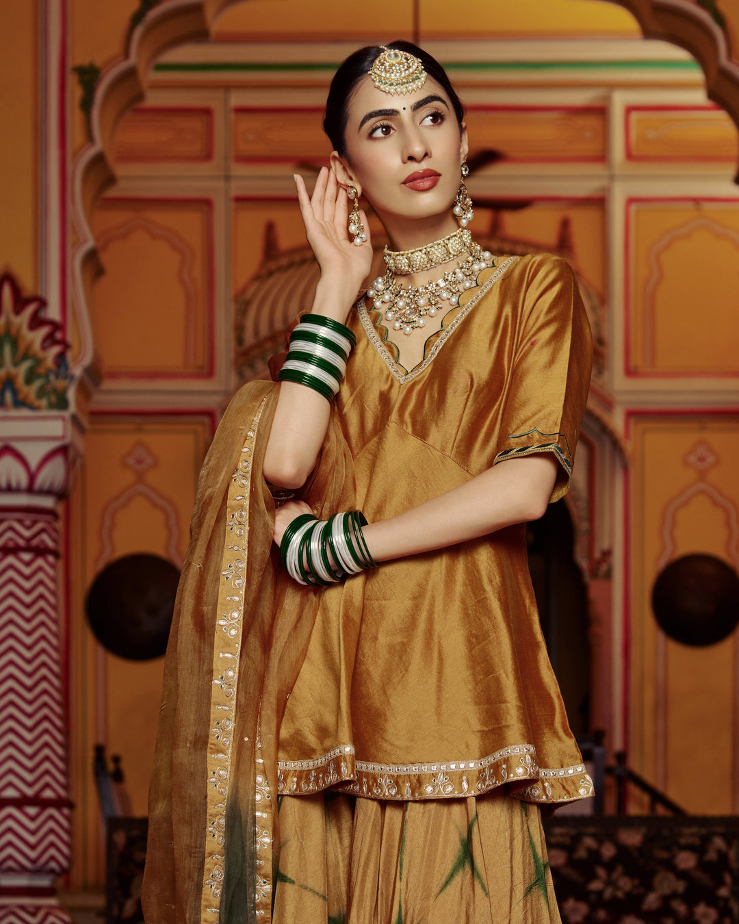 Anmol Mustard Embroidered Tie-Dye Chanderi Suit Set