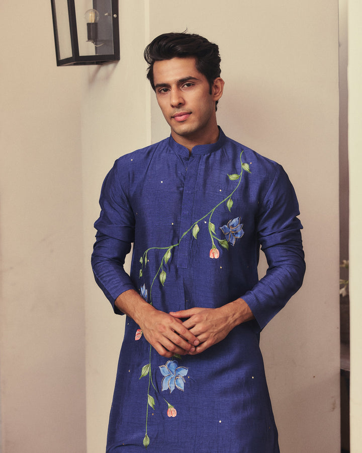 Rivaan Blue Handpainted Silk Kurta