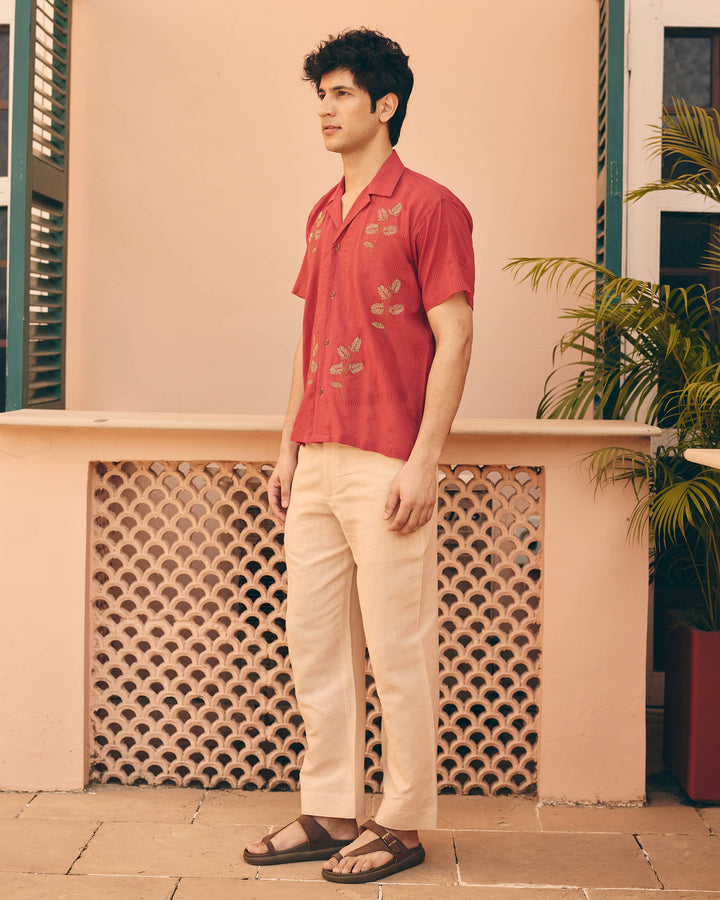 Rivo Maroon Cotton Dobby Embroidered Shirt