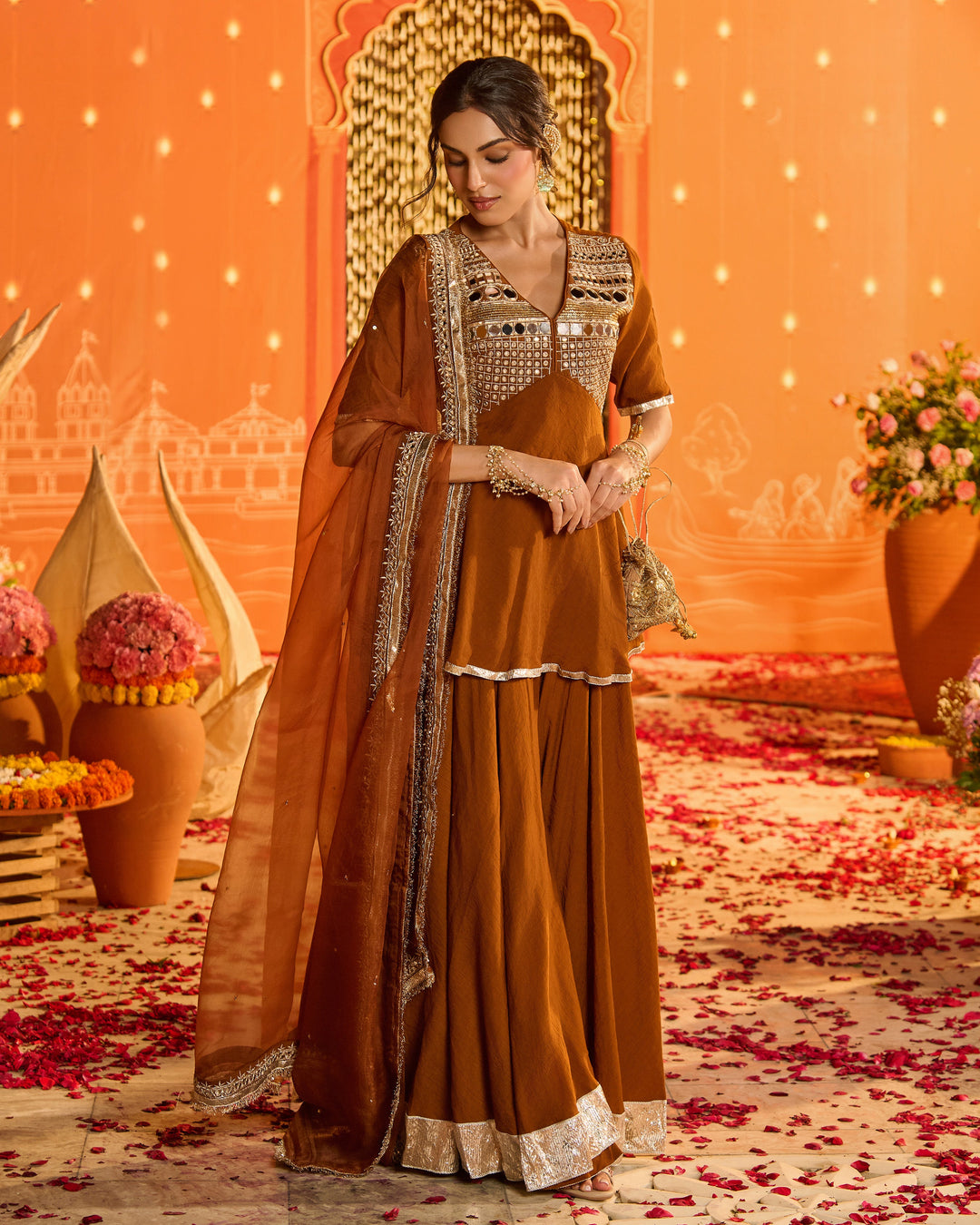 Shree Brown Embroidered Crush Suit Set