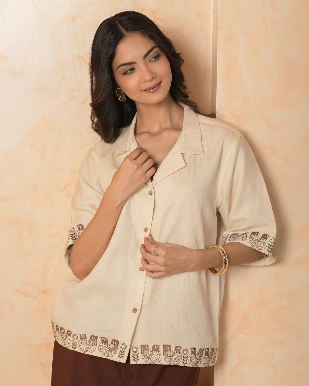 Vira Cream Embroidered Cotton Satin Shirt