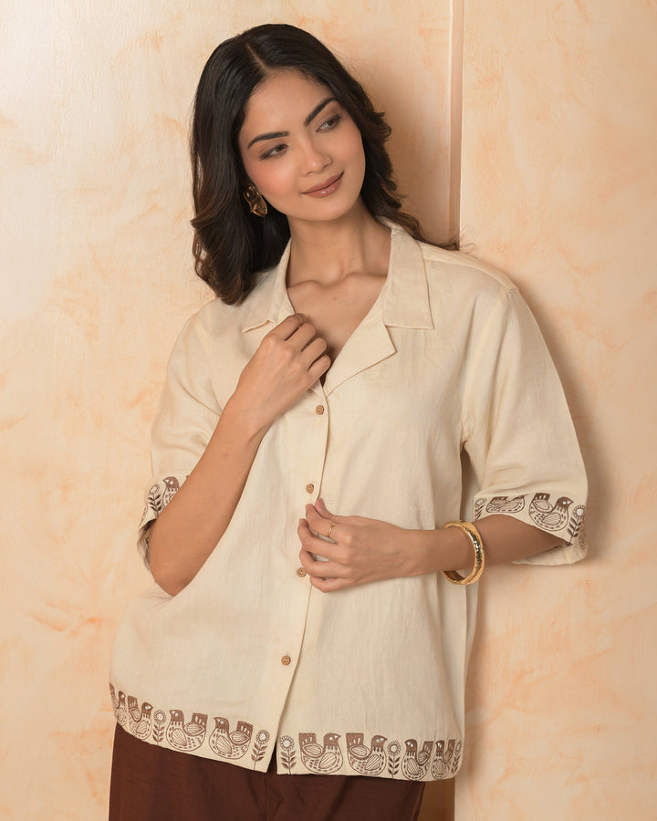 Vira Cream Embroidered Cotton Satin Shirt
