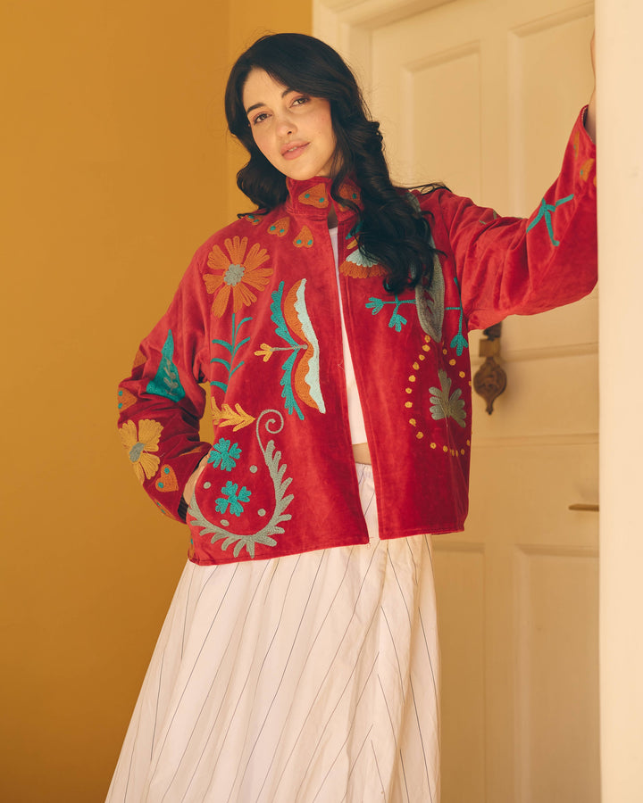 Crimselle Red Velvet Suzani Jacket