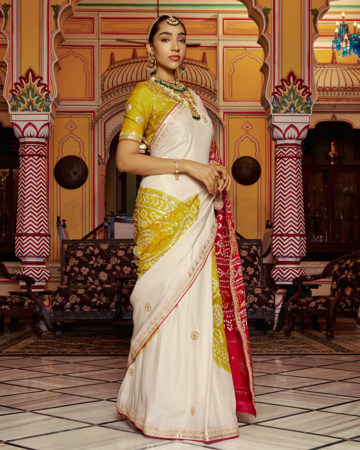 Barkha White Embroidered Kajol Bandhej Silk Saree