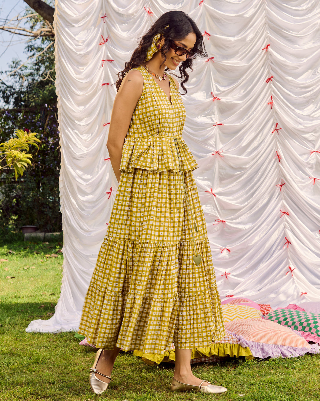 Emer Olive Cotton Checks Printed Dress