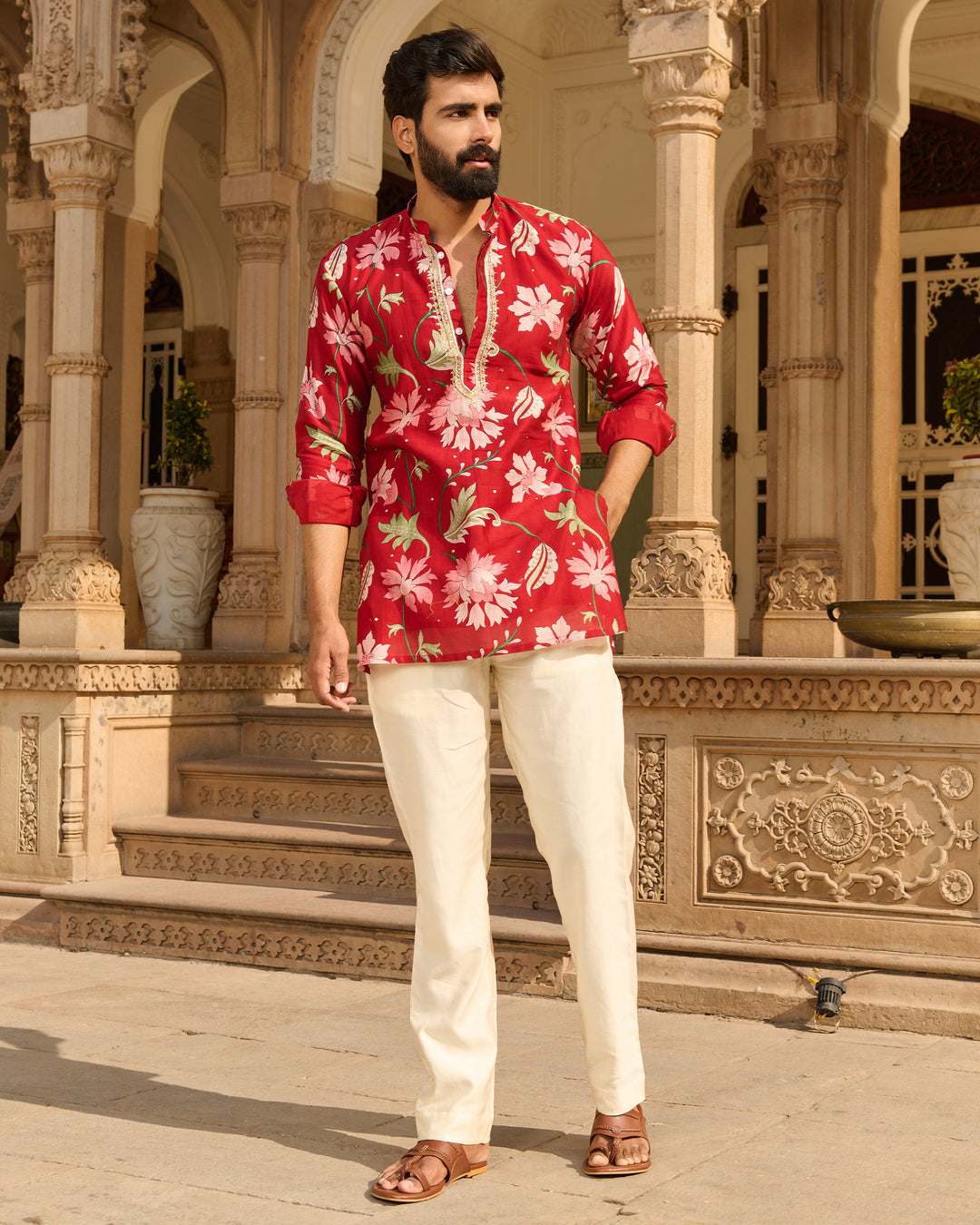 Ekam Red Printed Chanderi Kurta