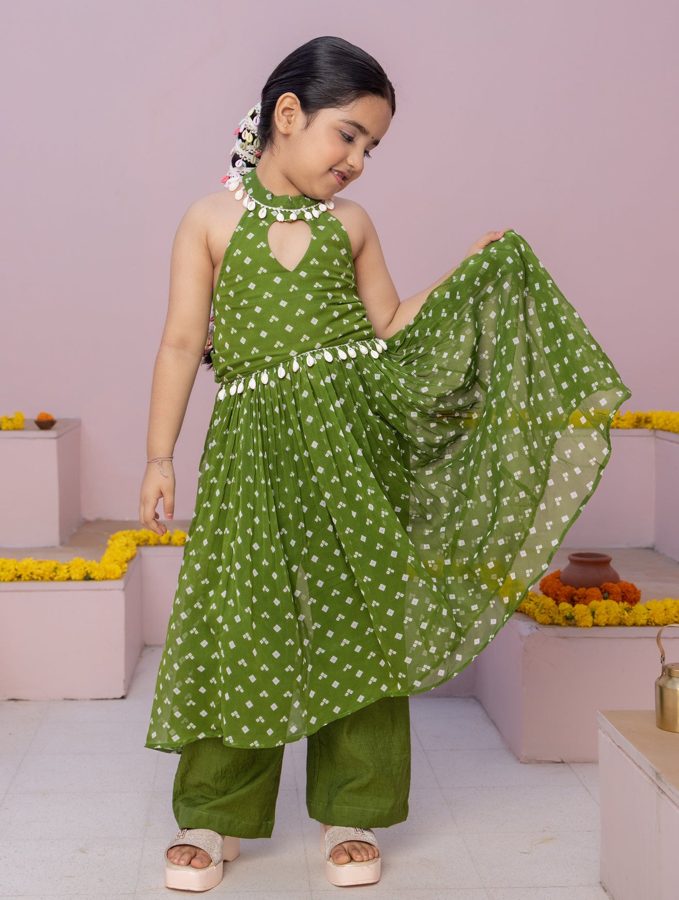 Pihu Green Bandhani Georgette Coord Set