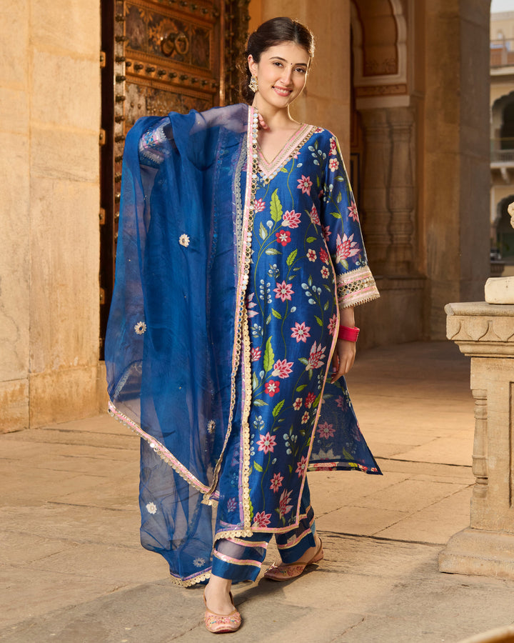 Beat Blue Printed Chanderi Suit Set
