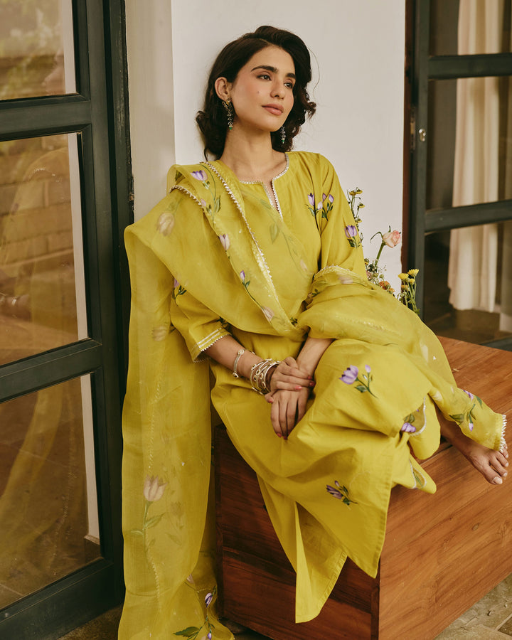 Adaa Green Handpainted Cotton Suit Set