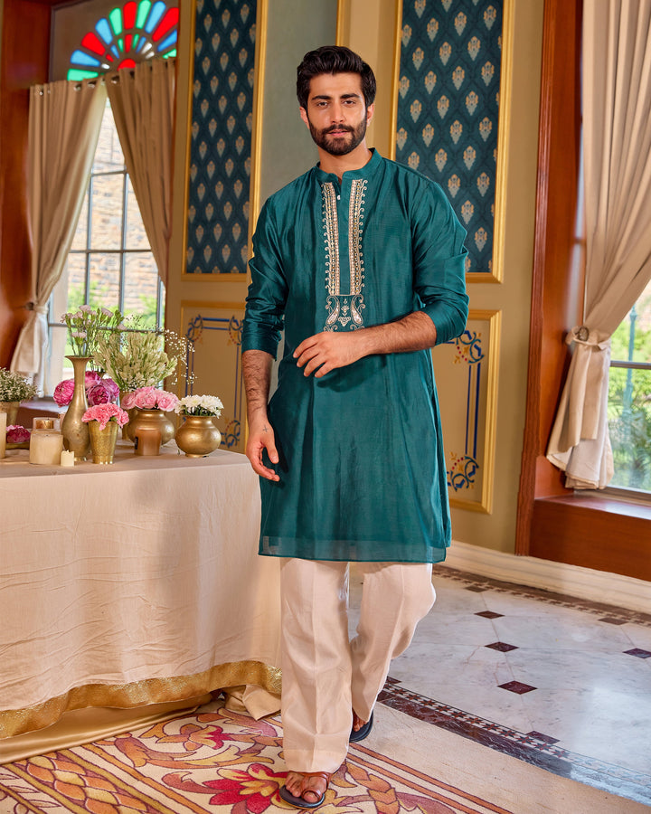 Prem Teal Chanderi Embroidered Kurta