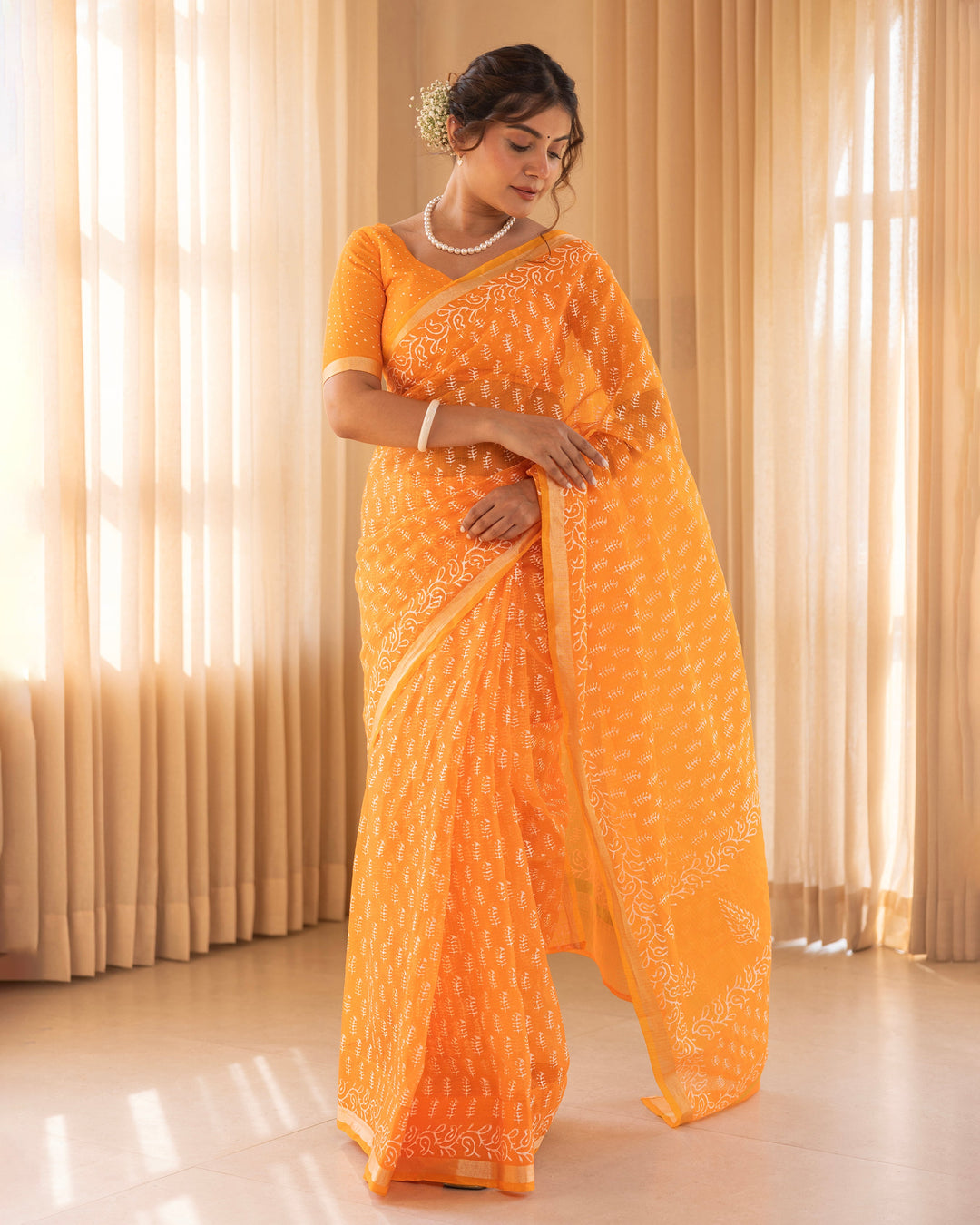 Kuru Mustard Doria Printed Saree