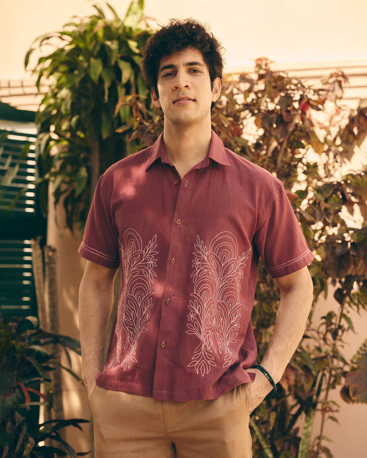 Zuno Plum Cotton Flex Embroidered Shirt