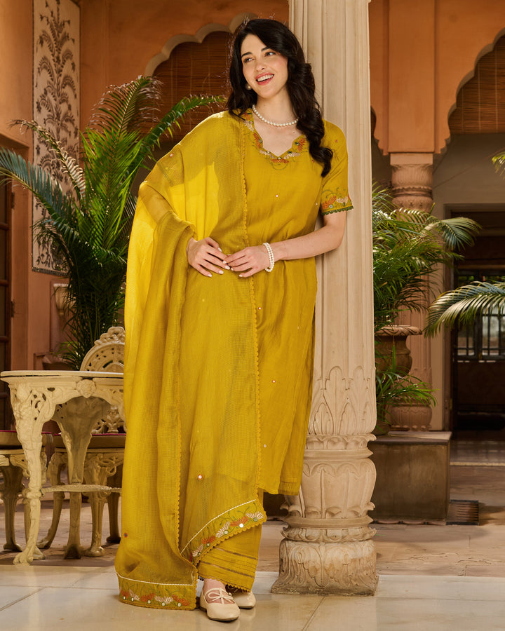 Saaz Mustard Embroidered Chanderi Suit Set