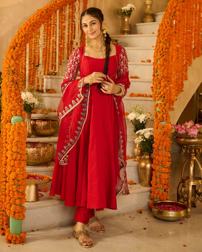 Roli Red Solid Chanderi Suit Set