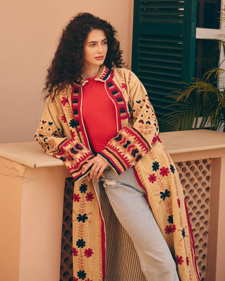 Ecriva Beige Velvet Suzani Jacket