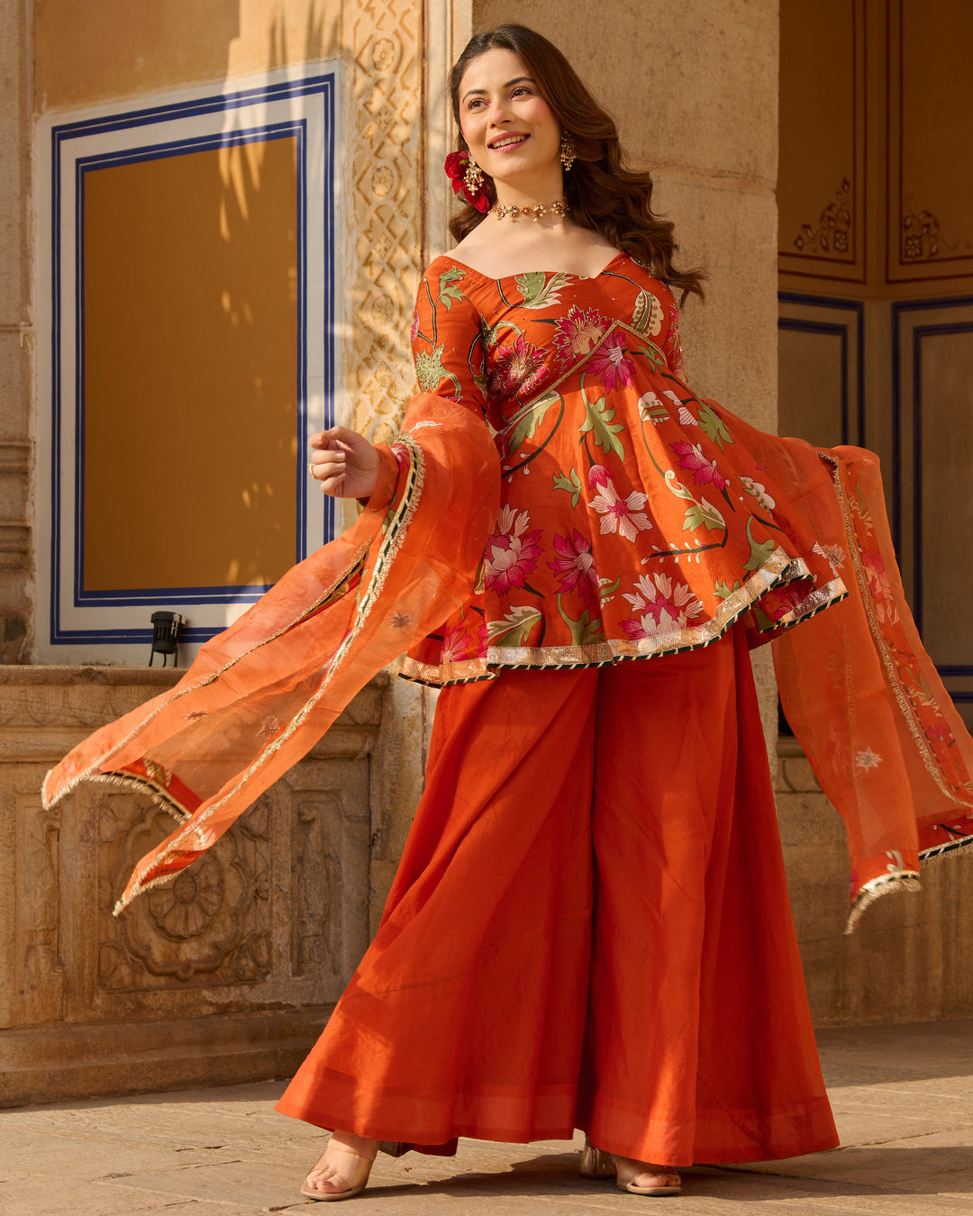 Mehar Orange Printed Chanderi Suit Set