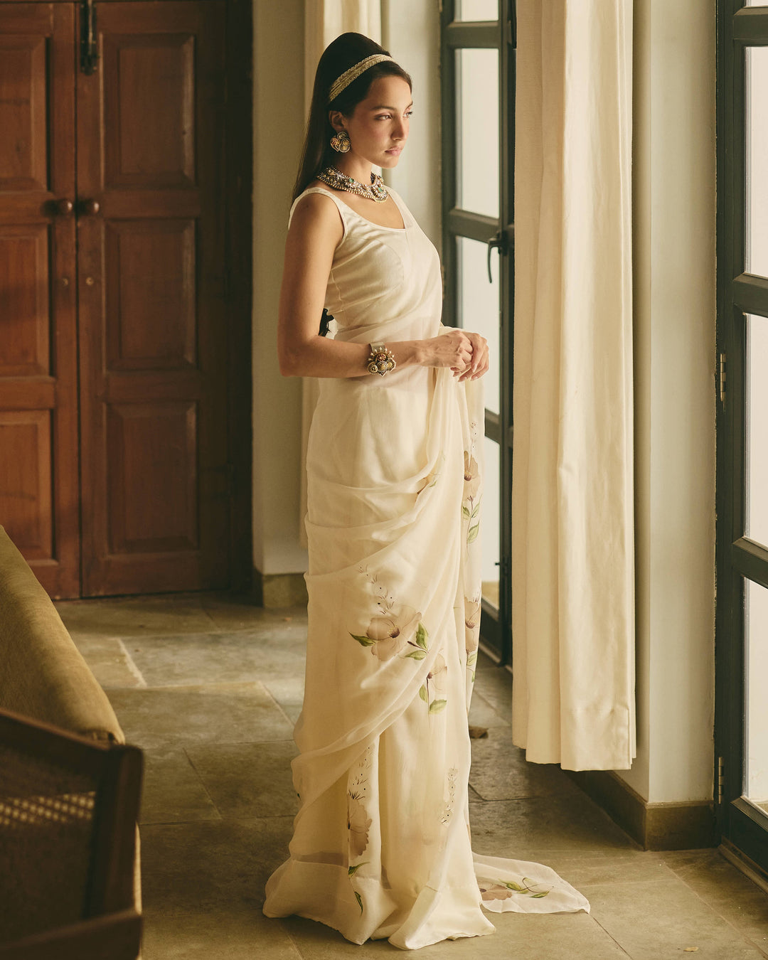 Trail Off White Handpainted Chiffon Saree