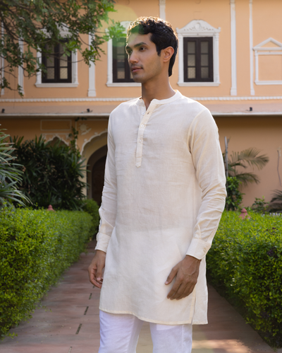 Rajendra Off white Solid Linen Kurta
