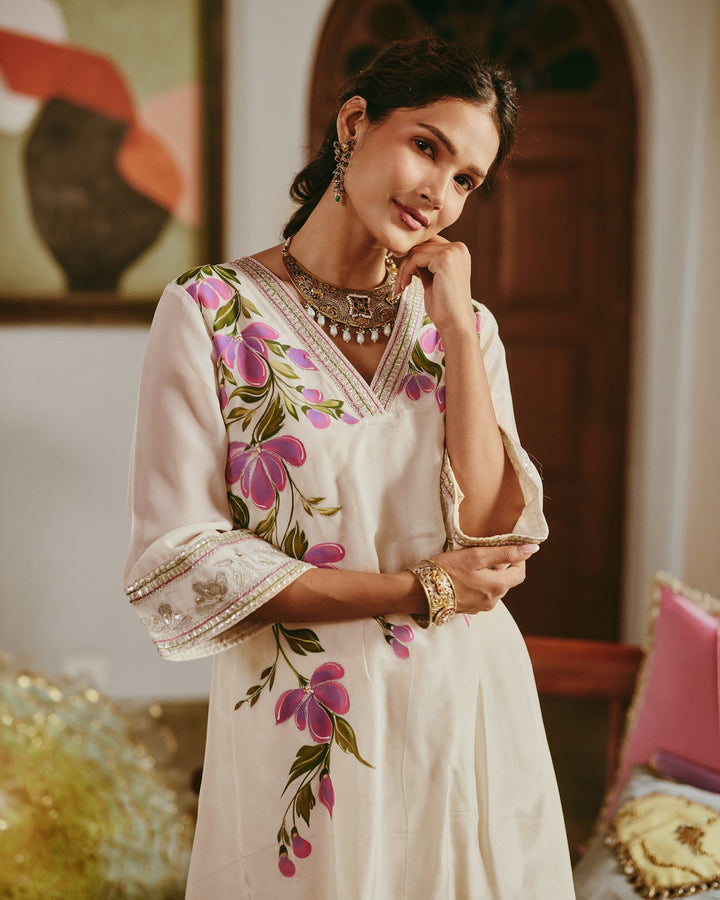 Vamikaa Ivory Handpainted Viscose Organza Coord Set