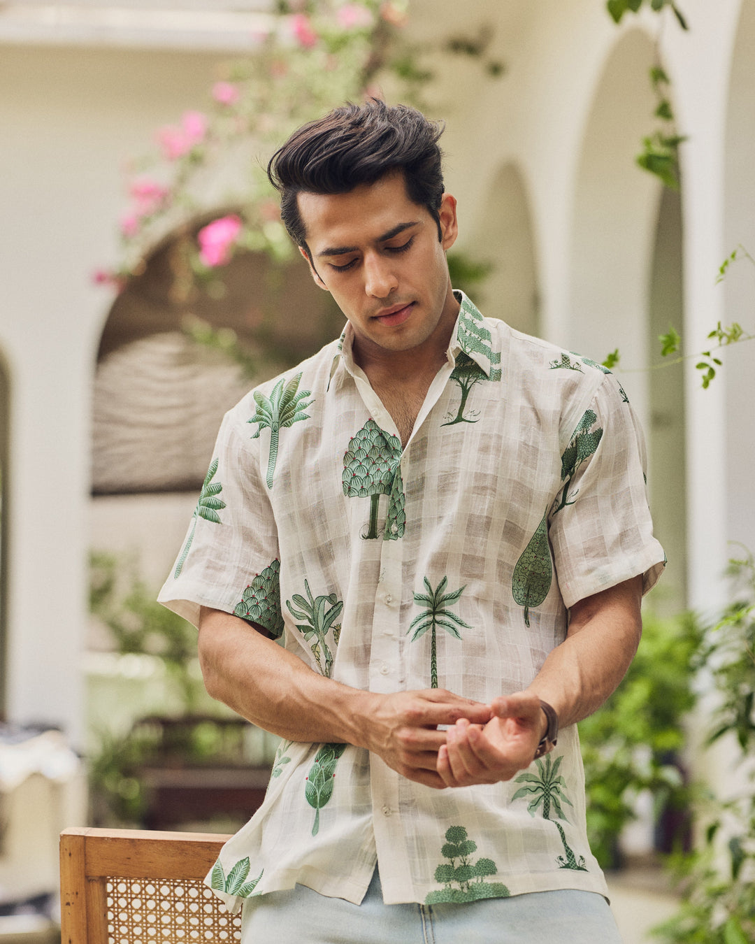 Nihal Off White Printed Cotton Checks Shirt