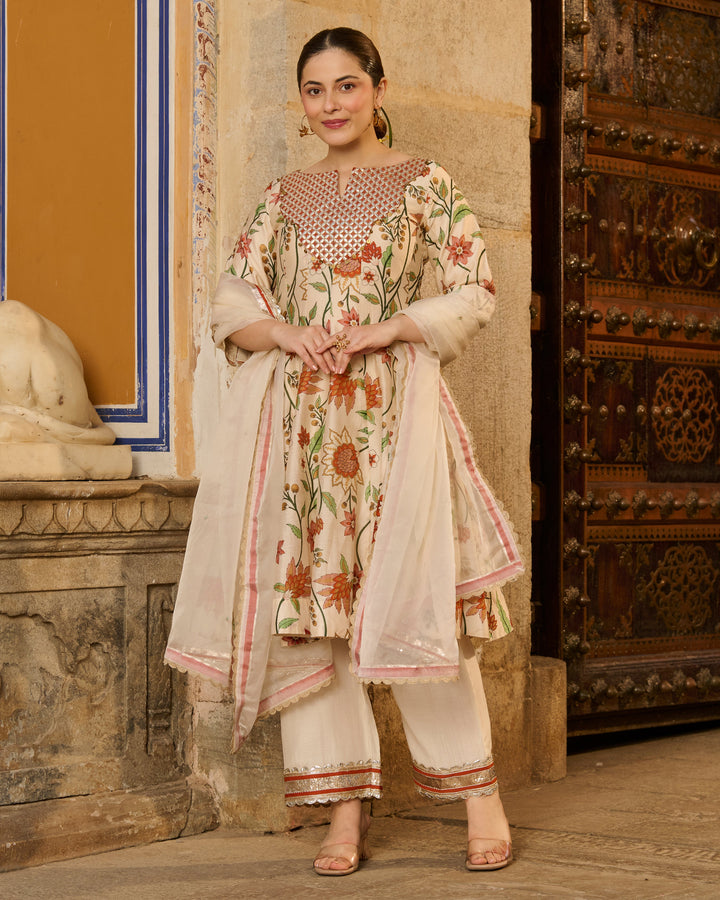 Kora Cream Printed Chanderi Suit Set