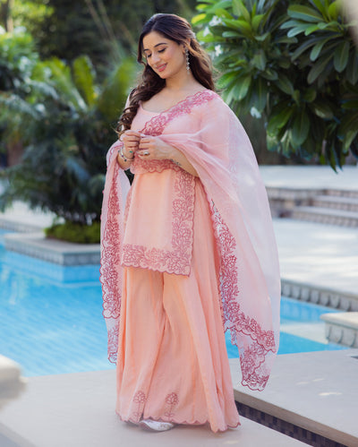 Lotus Charm Peach Embroidered Cotton Sharara Set