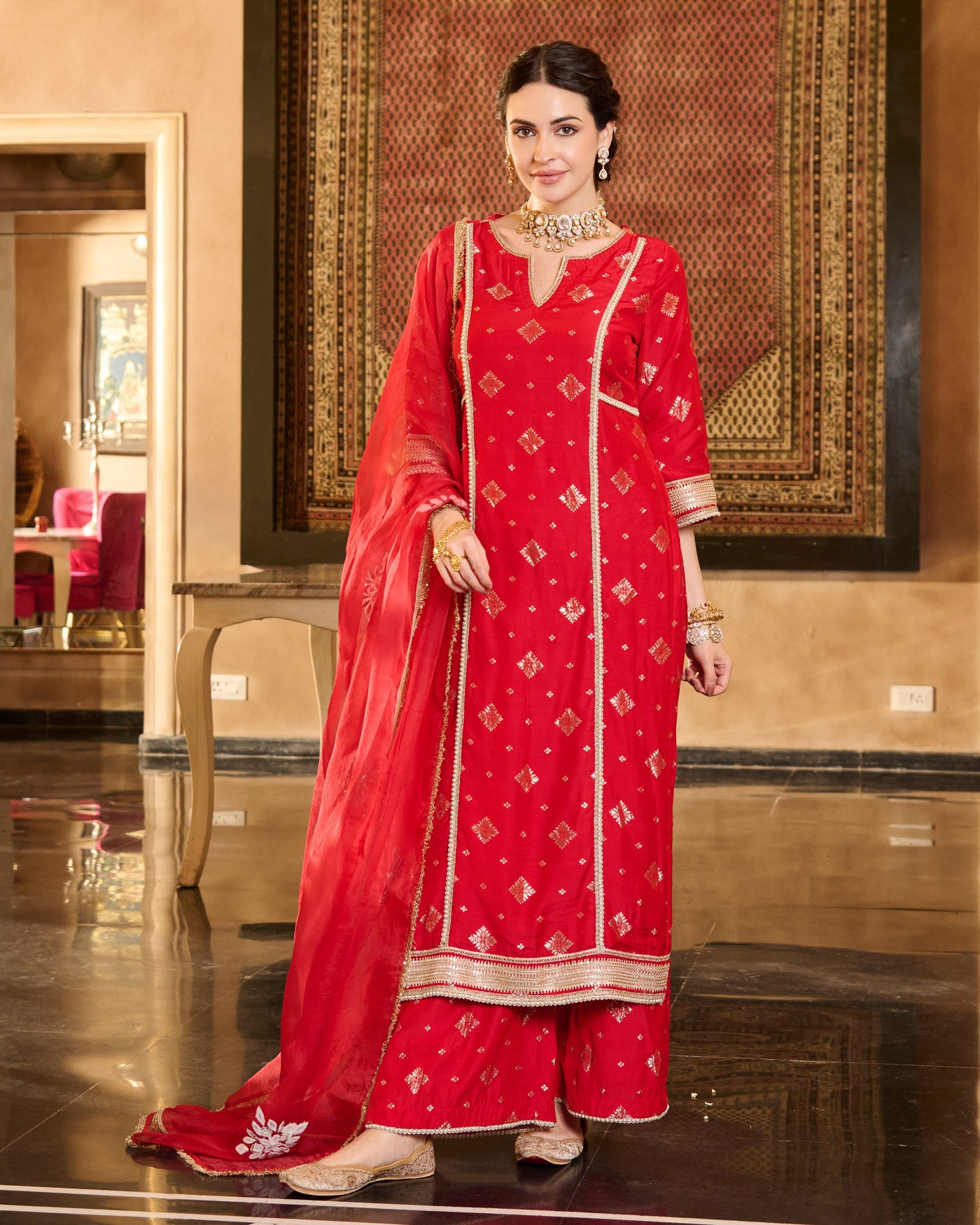 Jini Red Jacquard Suit Set
