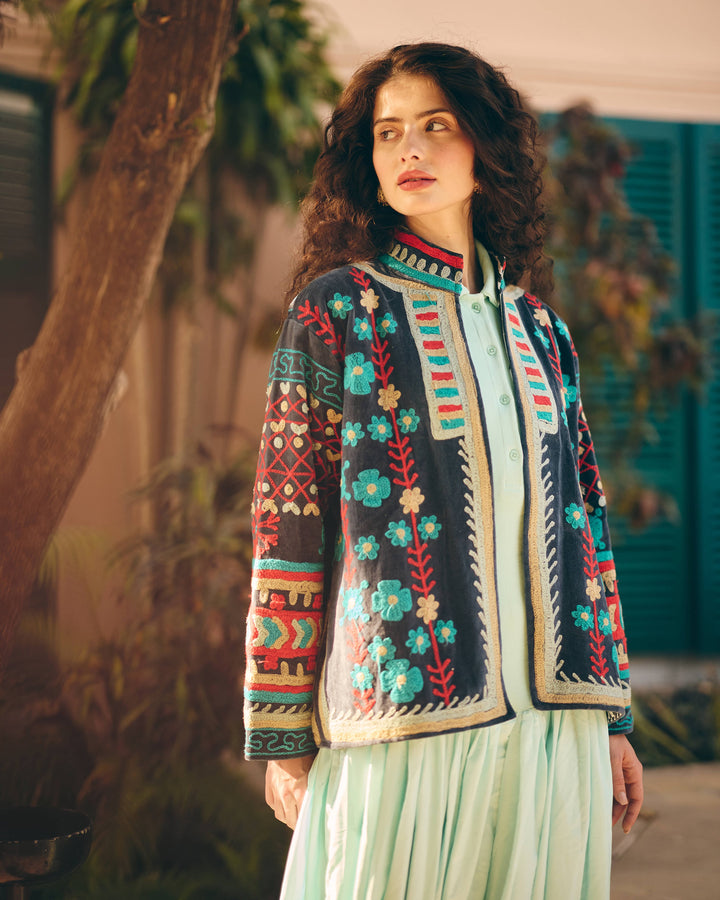 Azurelle Blue Velvet Suzani Jacket