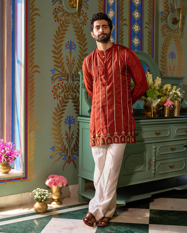 Kaushik Rust Orange Silk Embroidered Kurta