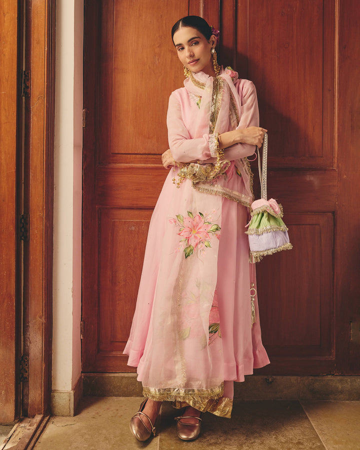 Kalpini Pink Handpainted Viscose Organza Suit Set