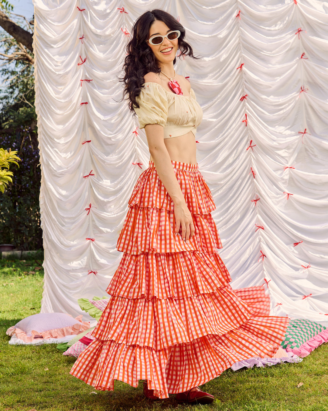 Savana Orange Embroidered Cotton Checks Printed Coord Set