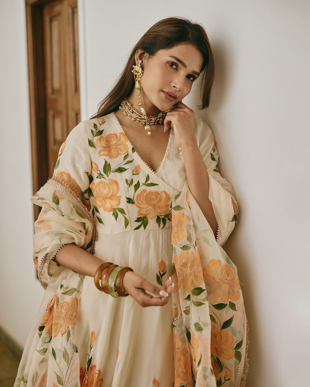 Neyra Ivory Handpainted Viscose Organza Suit Set
