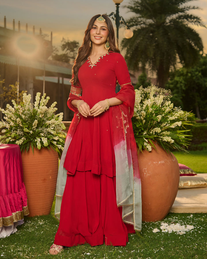 Laxmi Red Embroidered Georgette Suit Set